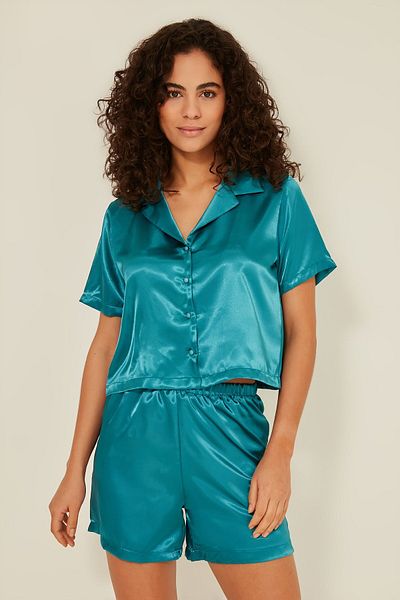 C&City 044 Set pantaloni scurti de cămașă crop din satin pentru damă Petrol