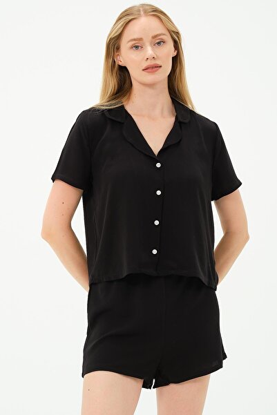 C&City Black Viscose Shirt and Shorts Set - 9156