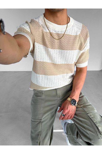 ablukaonline Μπεζ ανδρικό πλεκτό πουλόβερ Oversize T-shirt - Line Pattern