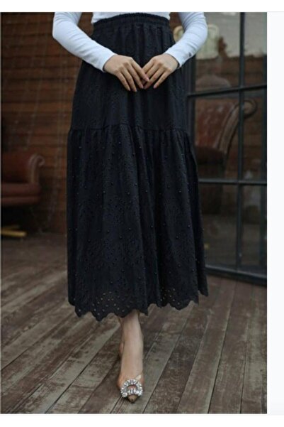SHİROSA Skirt Lace Scallop Fabric Pearl Skirt Long Skirt with Pearl Detail