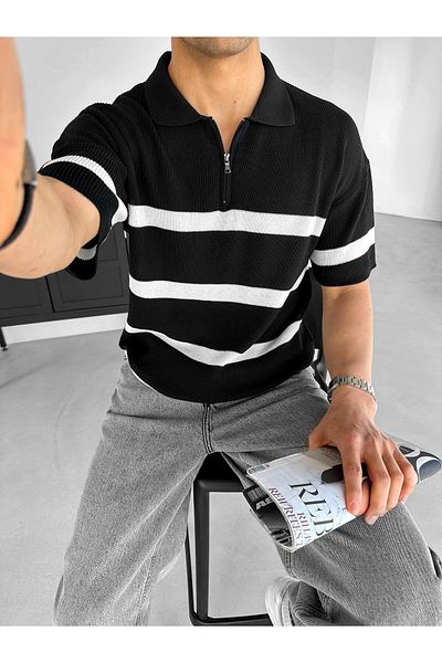 ablukaonline Μαύρο μπλουζάκι Polo Neck ριγέ Oversize πλεκτό - με φερμουάρ