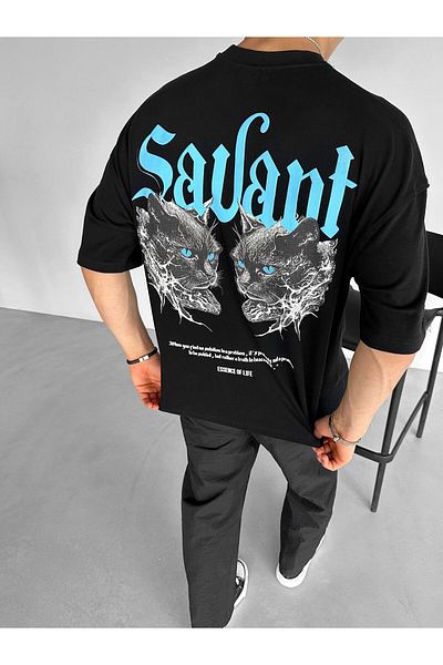 ablukaonline Tricou pentru bărbați, cu imprimeu supradimensionat, cu decolteu, negru