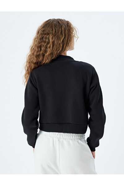 Koton Crop Fermuarlı Sweatshirt Kolej Baskılı Dik Yaka Şardonlu