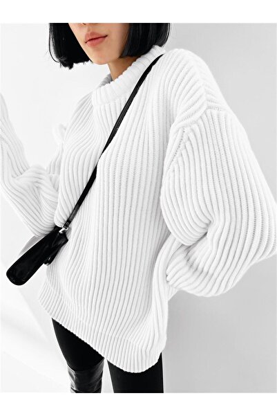 ablukaonline Бял мъжки екстра голям пуловер с рипс