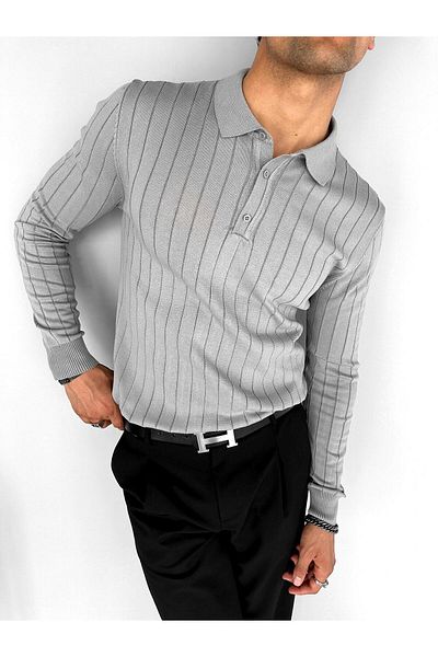 ablukaonline Men's Polo Collar Buttoned Ribbed Knitwear Sweater Gray