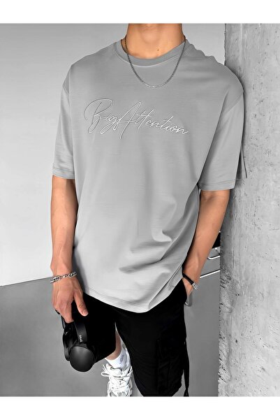 ablukaonline Gray Men's Oversize T-Shirt - Embroidered 'Big Atlention'