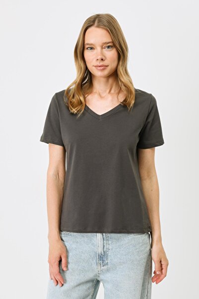 C&City V-Neck Short Sleeve Smoke/Brown 2-Piece Basic T-Shirt 962