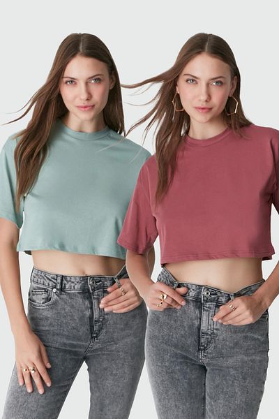 C&City T-Shirt Çağla/Dried Rose Crew Crop 959 - Πακέτο 2