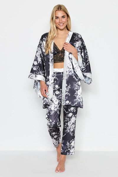 C&City Hose Bralet Morgenmantel 3-teiliges Satin-Pyjama-Set 9064 Weiß/Schwarz