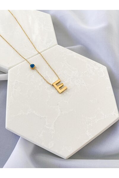 Zeta Collection Perline Blu Nazar Boncuklu E Harfli Kolye- kararma yapmaz