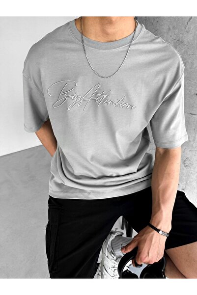 ablukaonline Gray Men's Oversize T-Shirt - Embroidered 'Big Atlention'