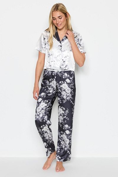 C&City Damen-Pyjama-Set aus Satin mit Crop-Shirt und Hose 9066 Weiß/Schwarz