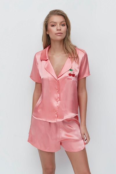 C&City Embroidered Satin Short Sleeve Shorts Pajamas Set 033 Coral