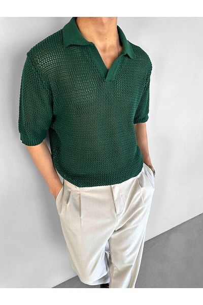 ablukaonline Tricou cu dungi supradimensionate pentru bărbați verde - Guler cu jumătate de plăcuță