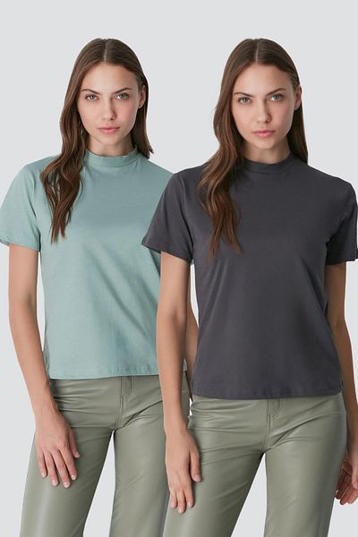 C&City Dwuczęściowy podstawowy T-shirt z krótkim rękawem i stójką – Çağla/Smoked 957