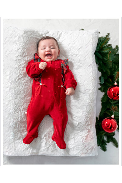 Caramell New Year's Themed Velvet Baby Girl Jumpsuit - Christmas Costume (1-3/3-6 Months with Booties, 6-9/9-12 Months Without Booties)