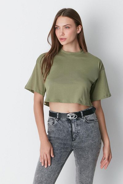 C&City T-Shirt 959 Model Crew Neck Crop - Χακί/Σετ καπνιστό 2