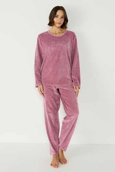 C&City Velký sametový pyžamový set s dlouhým rukávem a kapsami - Crew Neck 403087 Růžový