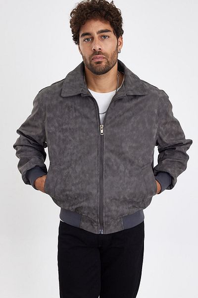 MADZEYMODA New Season Ανδρικό πλυμένο γκρι δερμάτινο παλτό LNS58529Y