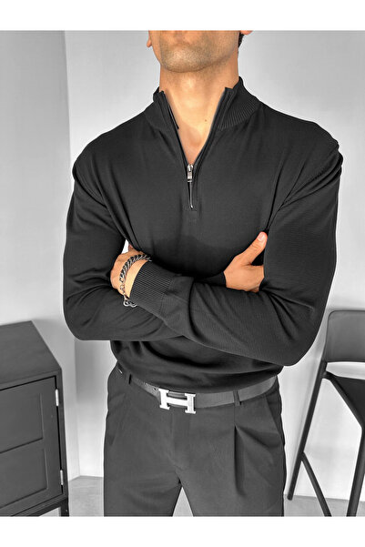 ablukaonline Men's Half Zipper Polo Collar Sweater Black