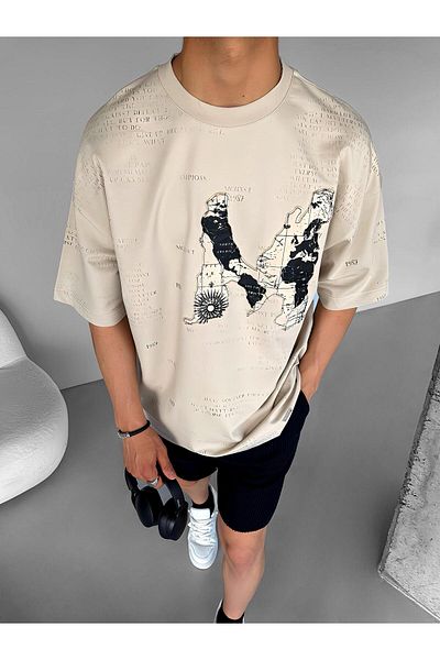 ablukaonline Μπεζ ανδρικό μπλουζάκι Oversize Premium - Ανάγλυφο εμπριμέ