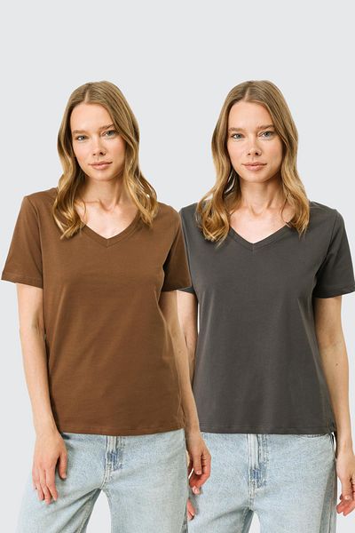 C&City Kurzärmliges 2er-Pack Basic-T-Shirt mit V-Ausschnitt 962 Geräuchert/Braun