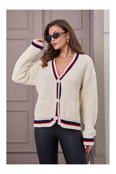 Elif Özbey Butik Ecru Striped Thessaloniki Knitted Cardigan