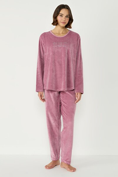 C&City Velký sametový pyžamový set s dlouhým rukávem a kapsami - Crew Neck 403087 Růžový