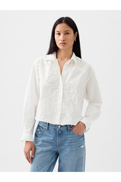 GAP Kadın Kırık Beyaz Çiçek Motifli Crop Gömlek