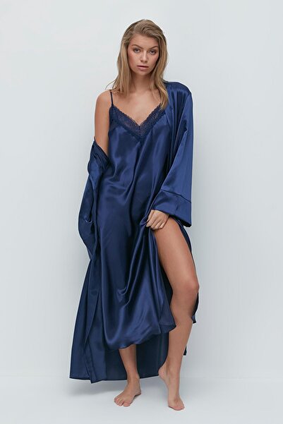 C&City Long Sleeve Satin Dressing Gown 093 Dark Blue