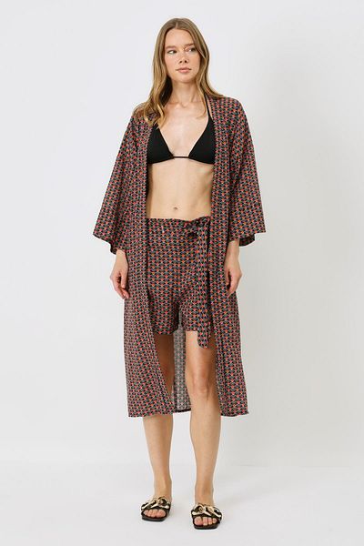C&City 9069 Modell Schwarz/Creme-Shorts-Kimono-Set