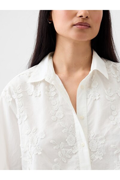 GAP Kadın Kırık Beyaz Çiçek Motifli Crop Gömlek