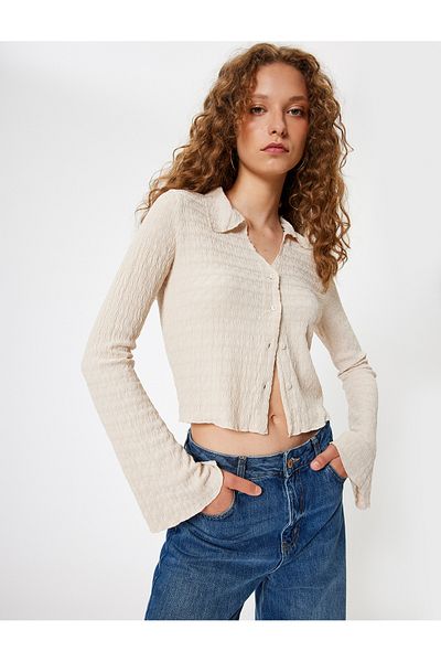 Koton Long Sleeve Textured Button down Shirt, Lapel T-Shirt, and Wrap