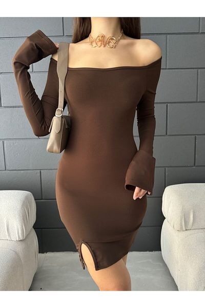 Fav Style Γυναικείο Μίνι Φόρεμα με μακρυμάνικο λαιμόκοψη καφέ