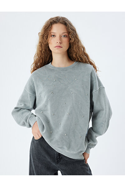 Koton Πέτρινη Λεπτομερής Φούτερ Oversize - Πλένεται με λαιμόκοψη