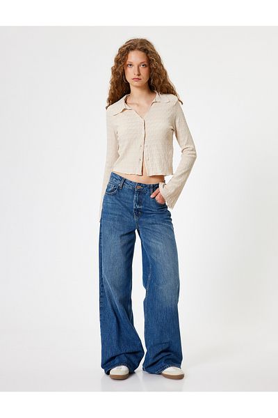 Koton Long Sleeve Textured Button down Shirt, Lapel T-Shirt, and Wrap