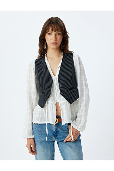 Koton Vestă cu dungi fără mâneci cu buzunar cu nasturi cu decolteu în V