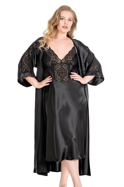 Marsilyan Ieg Large Size Black Long Double Satin Dressing Gown Nightgown Set ...