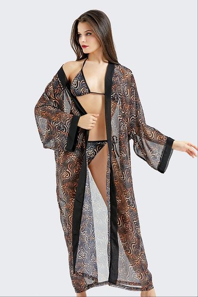 C&City Langes Chiffon-Kimono-Pareo-Strandkleid C14300 Leopard