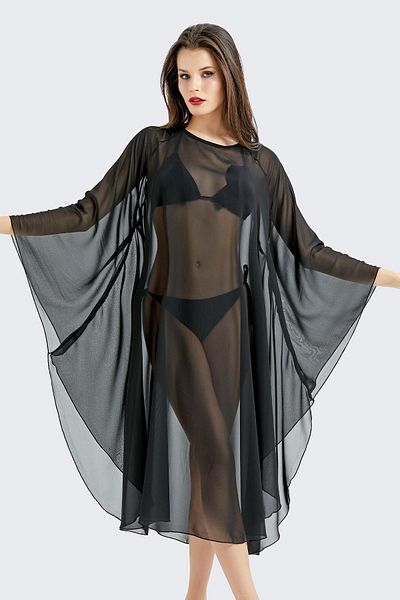 C&City Chiffon Poncho Pareo Strandkleid C14307 Schwarz