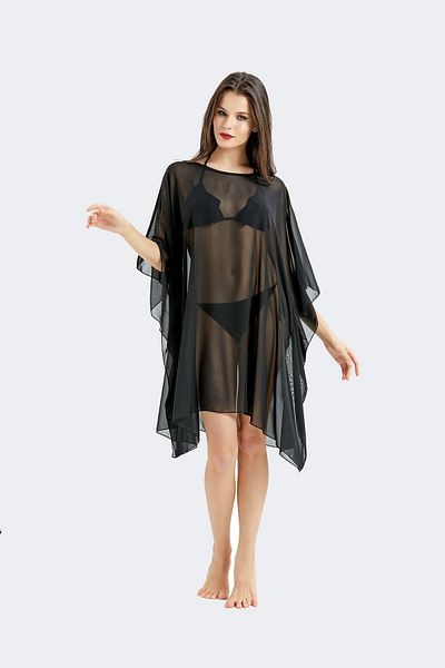 C&City Chiffon Poncho Pareo Strandkleid C14323 Schwarz