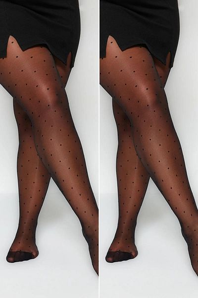 C&City Schwarze dünne Strumpfhosen in Übergröße – 20 Denier, Punktmuster, 2er-Pack