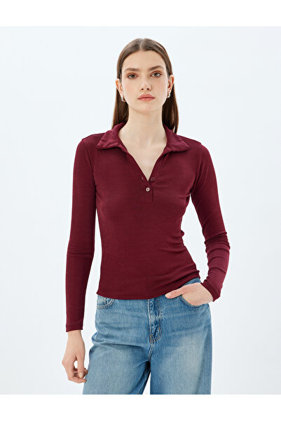 Koton Basic-T-Shirt mit Polokragen – lange Ärmel, Knopfleiste, schmale Passform