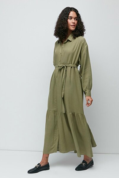 C&City Μακρυμάνικο Φόρεμα Μουσελίνας από Οργανικό Βαμβάκι 9128 Χακί