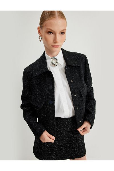 Koton Tweed Crop Jacket - Πουκάμισο γιακά και λεπτομέρεια τσέπης με πτερύγια