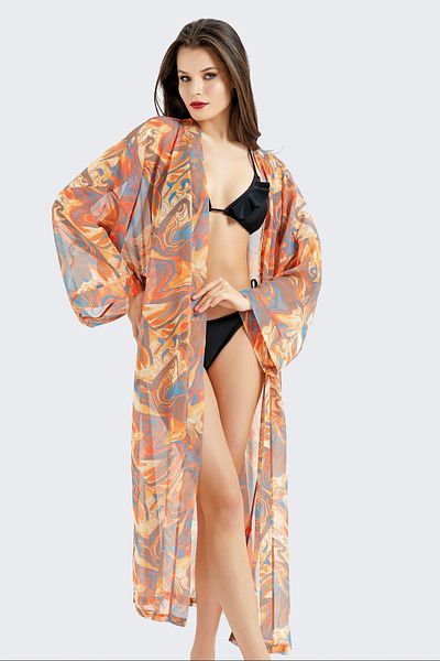 C&City Langes Chiffon-Kimono-Pareo-Strandkleid C14301 Orange