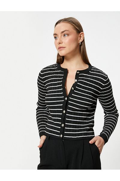 Koton Long Sleeve Knitwear Cardigan - Round Neck and Buttoned Texture