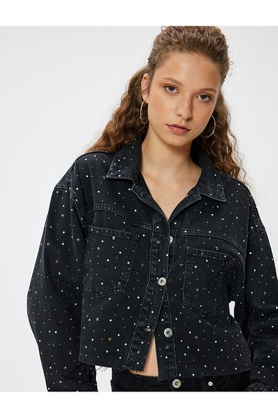 Koton Stone Detailed Oversize Denim Jacket - Pocket and Button Detailed, Classic Collar