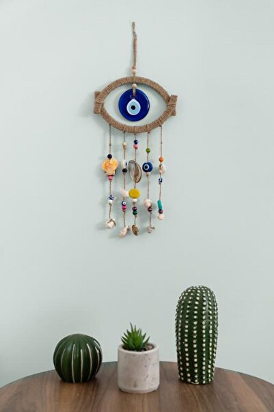 Evil Eye Repellent Hand Made Wall Ornament Wind Bell With Evil Eye Beads Wicker Seashell