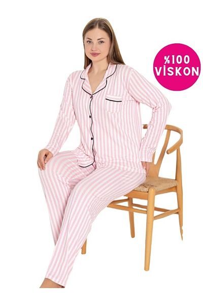 bie's Pink Striped Large Size Viscose Front Button Shirt Collar Chest Pocket Long Sleeve Seasonal Pajamas Set